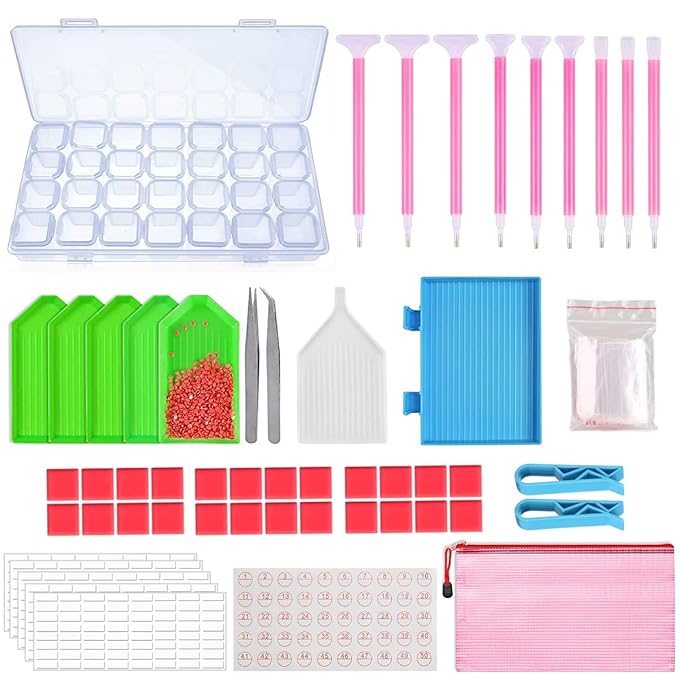 5D DIY Diamond Painting Tools and Accessories Kits with Diamond Embroidery Box, 9 Multiple Sizes Painting Pens, Glue Clay, Diamond Tray, Ziplock Bags, Clips, and Tweezer - TULIP N TURTLE