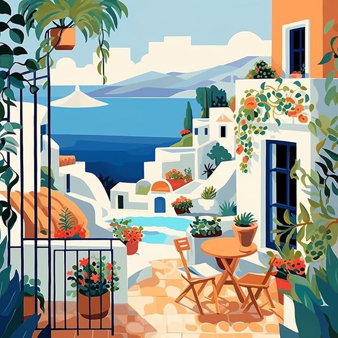 Santorini DIY Acrylic Painting by Numbers Kit on Canvas. Deepan Enterprises