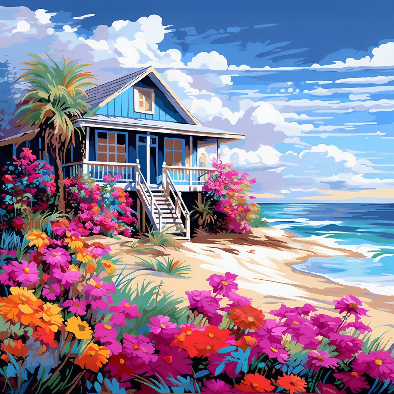 Beach House DIY Acrylic Painting by Numbers Kit on Canvas. Deepan Enterprises
