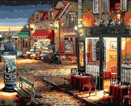 Café on Street DIY Acrylic Painting by Numbers Kit on Canvas Deepan Enterprises.
