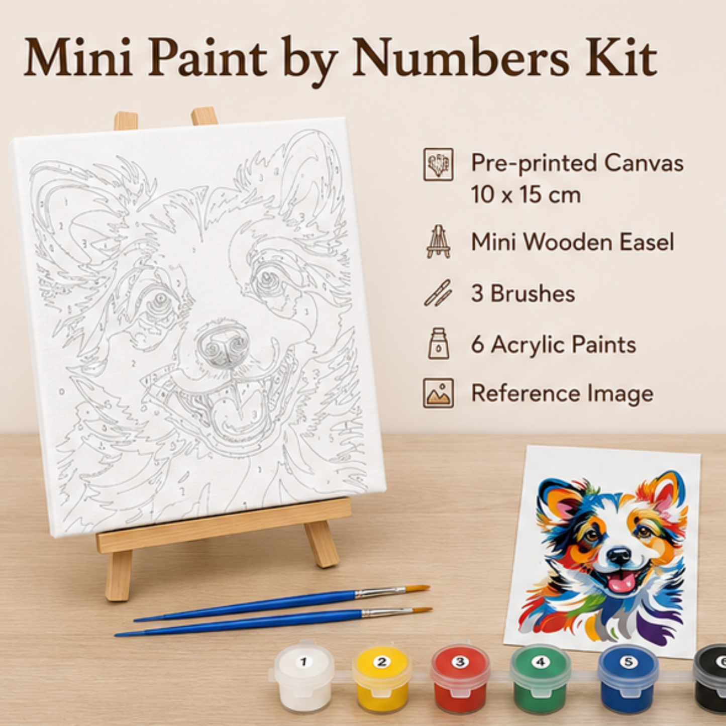 Puppy Mini Paint by Number Kit 10* 15 cm mounted on an MDF frame with a mini Easel suitable for kids. Beginner Number painting kit DIY Canvas Painting by Number Acrylic Painting. (Copy)