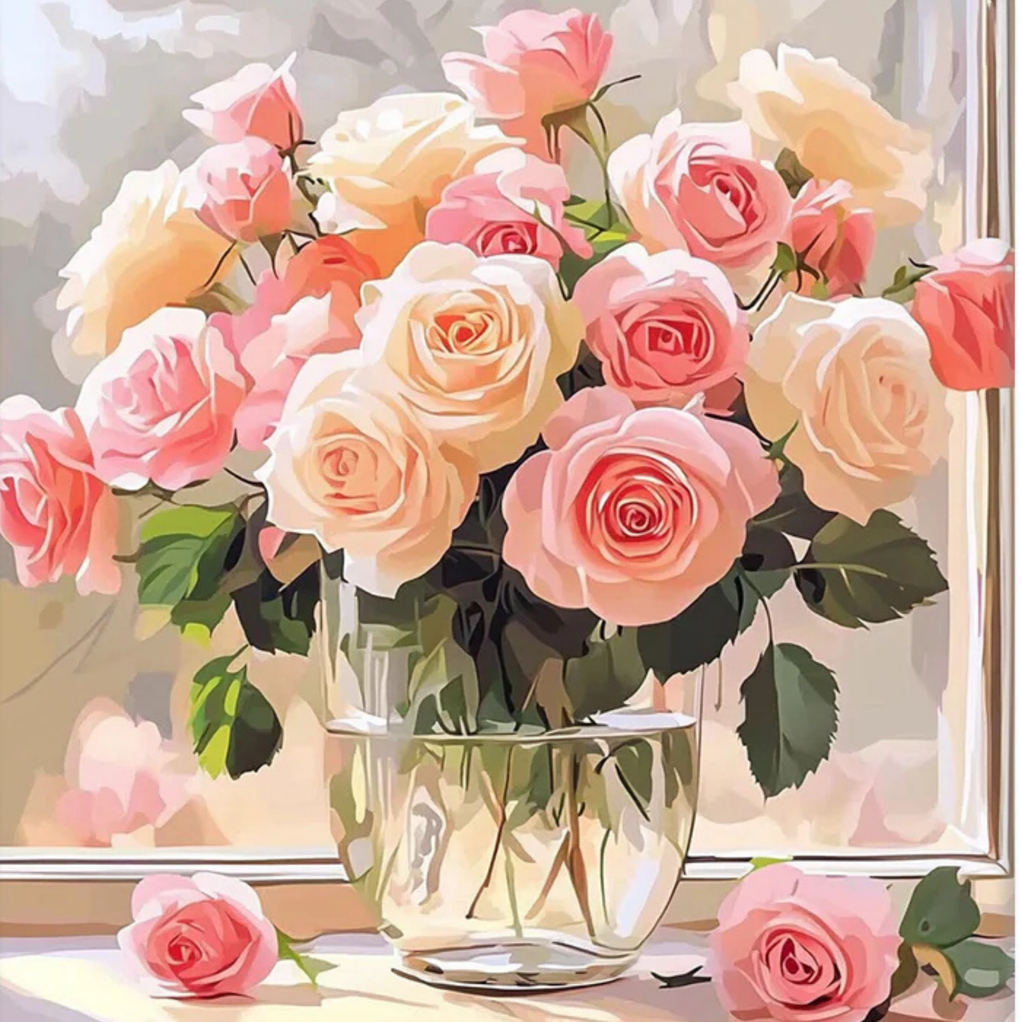 Window Bouquet Acrylic Painting by Numbers Kit on Canvas.