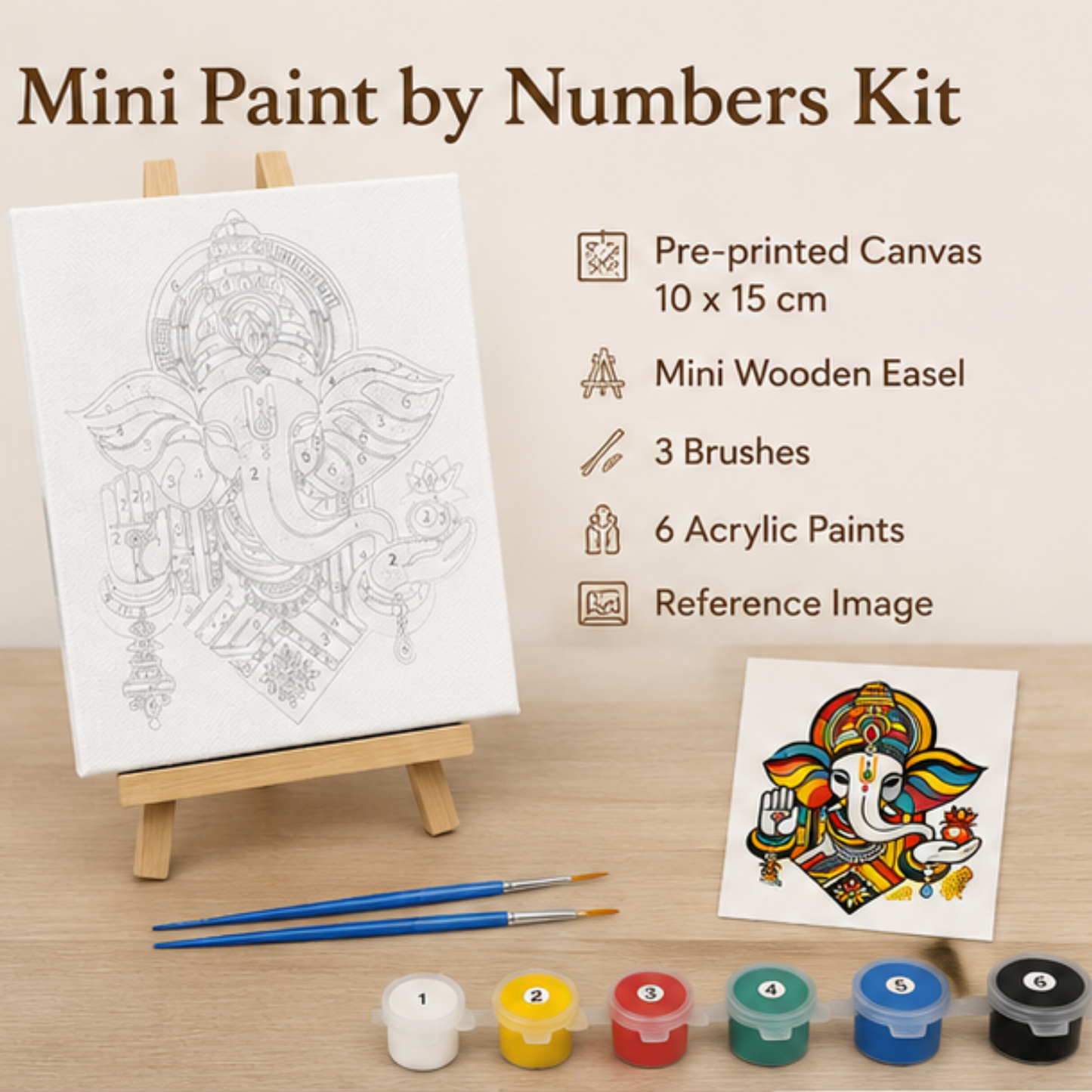 Ganesha Mini Paint by Number Kit 10* 15 cm mounted on an MDF frame with a mini Easel suitable for kids. Beginner Number painting kit DIY Canvas Painting by Number Acrylic Painting.