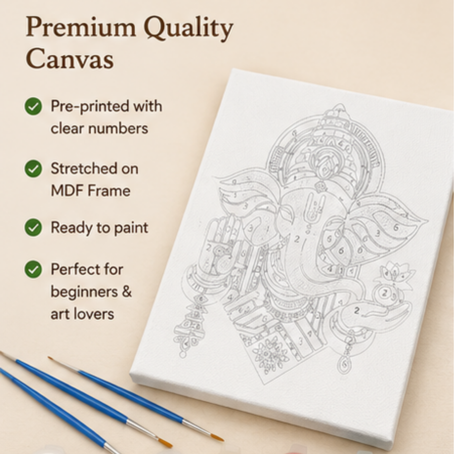 Ganesha Mini Paint by Number Kit 10* 15 cm mounted on an MDF frame with a mini Easel suitable for kids. Beginner Number painting kit DIY Canvas Painting by Number Acrylic Painting.