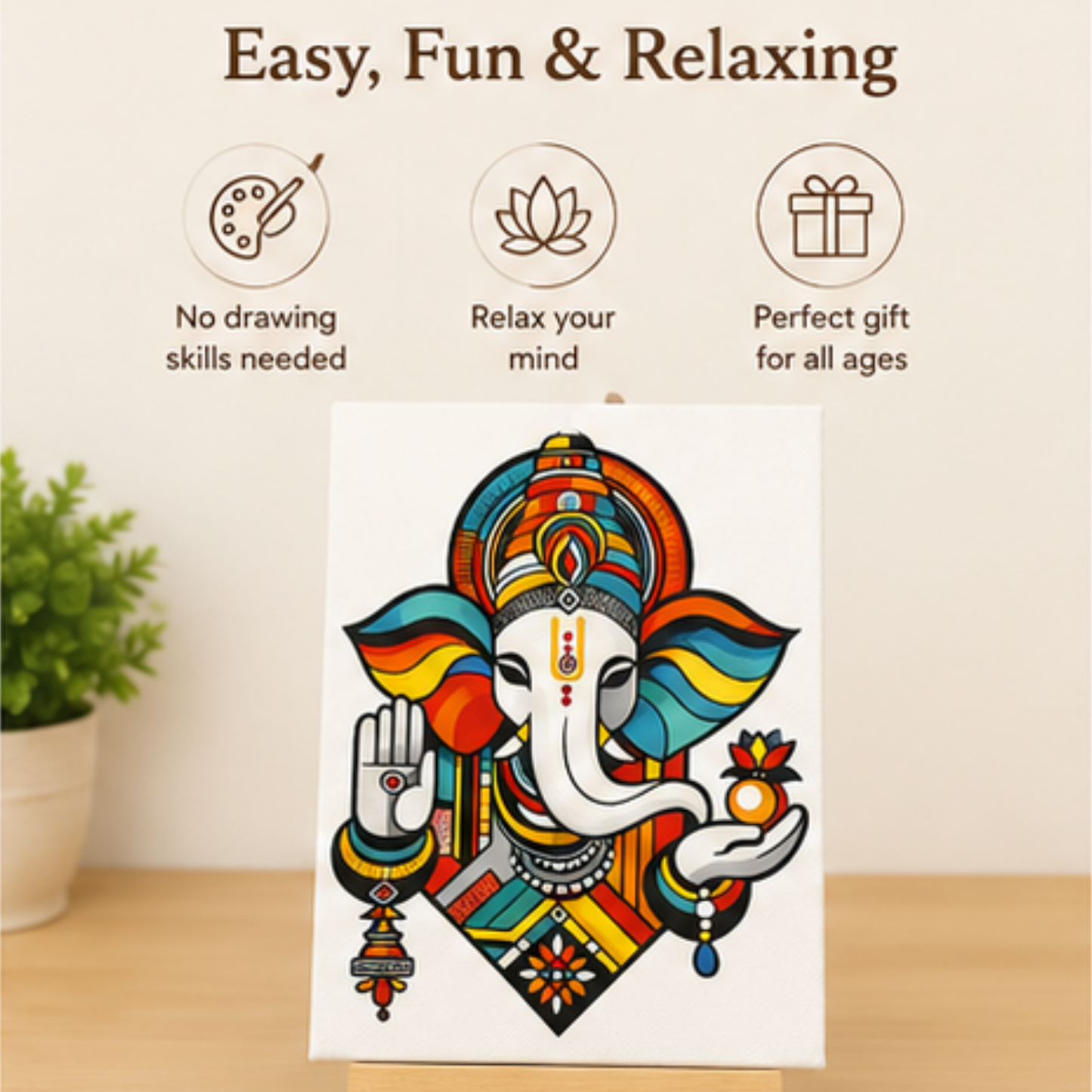 Ganesha Mini Paint by Number Kit 10* 15 cm mounted on an MDF frame with a mini Easel suitable for kids. Beginner Number painting kit DIY Canvas Painting by Number Acrylic Painting.