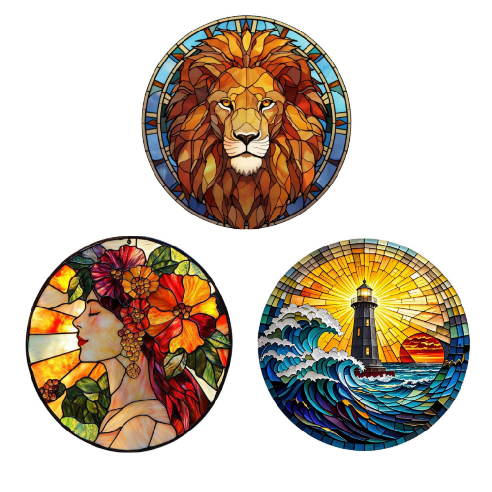 Stained Glass Mini three in one Round Framed Paint by Numbers 25 cm Diameter each.