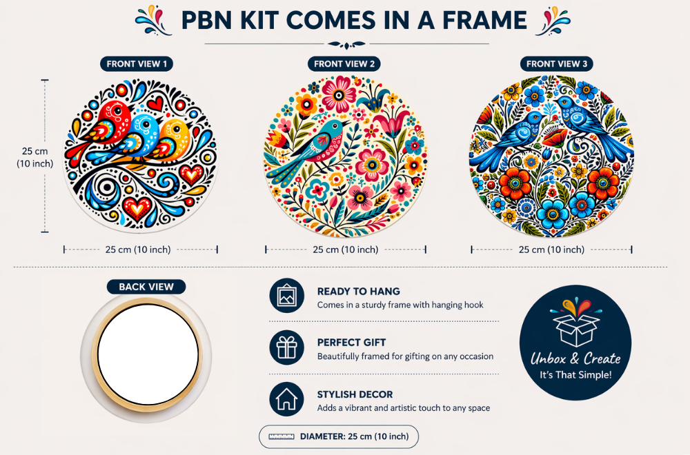 Bird Song  Mini three in one Round Framed Paint by Numbers 25 cm Diameter each.