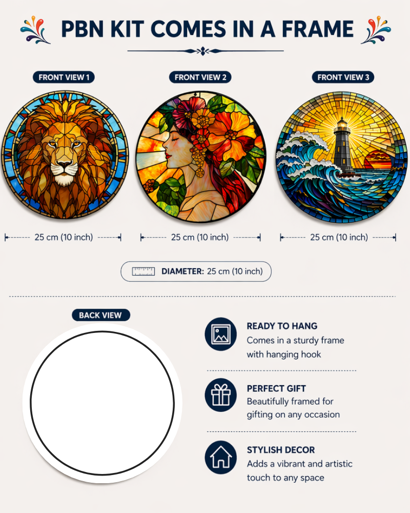 Stained Glass Mini three in one Round Framed Paint by Numbers 25 cm Diameter each.