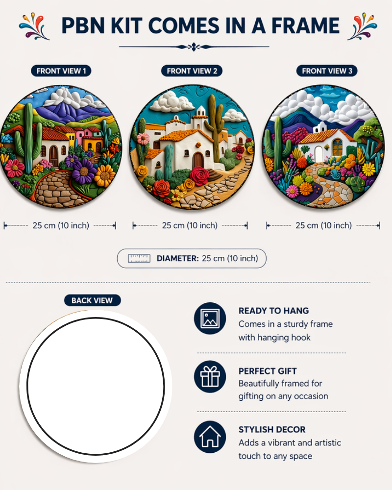 The Painted Village Mini three in one Framed Custom Paint by Numbers 25 cm Diameter each.