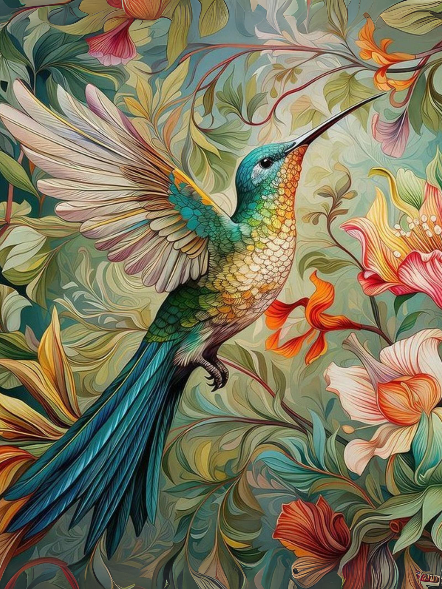 Hummingbird in Bloom DIY 5D Diamond Painting by Numbers Kit  on Canvas  Full Drill Rhinestone Embroidery Cross Stitch Pictures