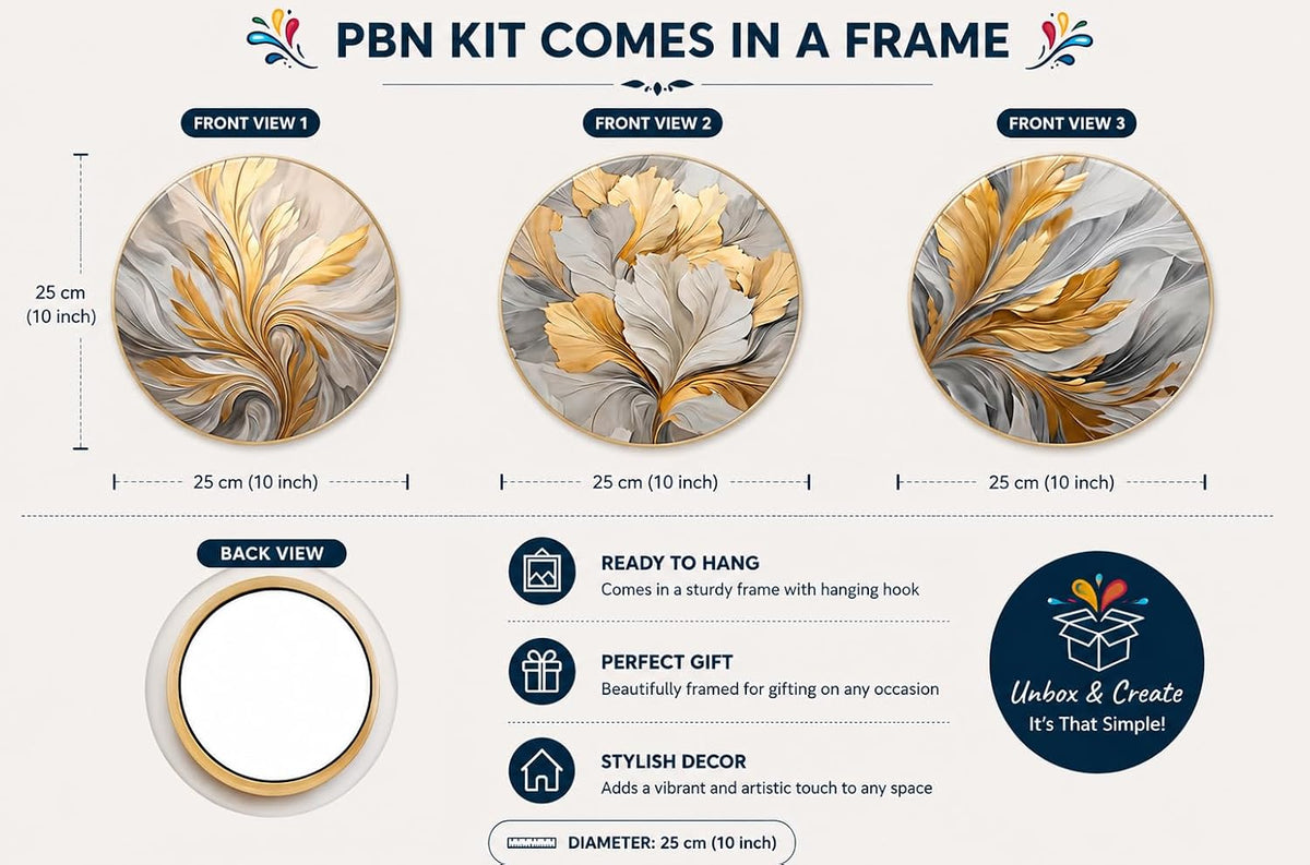 TULIP N TURTLE Golden Feathers DIY Acrylic Paint by Number Kit. Set of Three Framed Paint by Number kit.  25 cm Diameter each. (Copy)