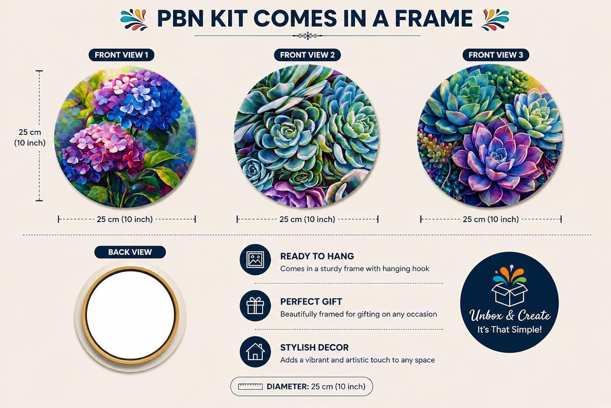 TULIP N TURTLE Petals DIY Acrylic Paint by Number Kit. Set of Three Framed Paint by Number kit.  25 cm Diameter each.