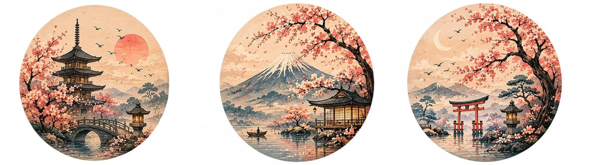TULIP N TURTLE Cherry Blossom DIY Acrylic Paint by Number Kit. Set of Three Framed Paint by Number kit.  25 cm Diameter each.