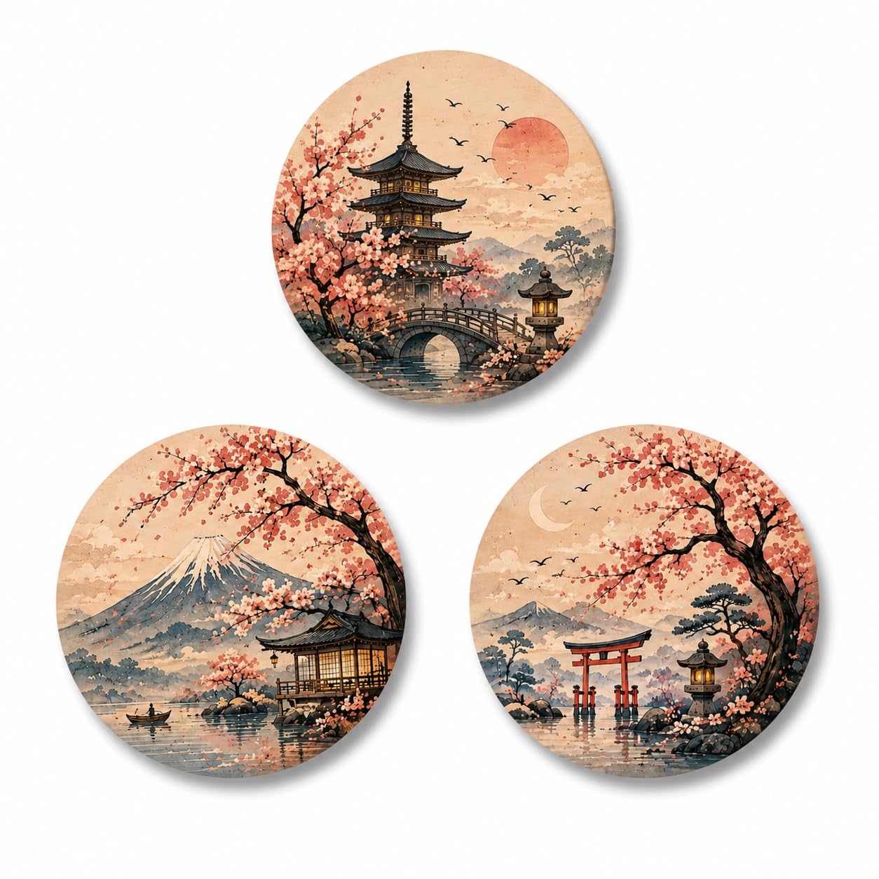 TULIP N TURTLE Cherry Blossom DIY Acrylic Paint by Number Kit. Set of Three Framed Paint by Number kit.  25 cm Diameter each.