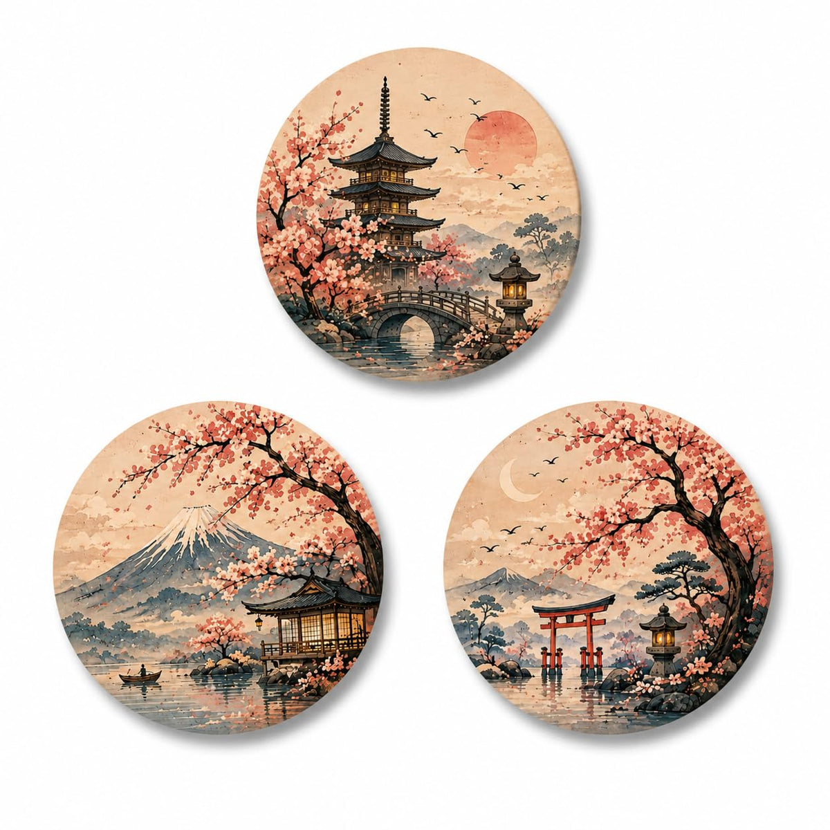 TULIP N TURTLE Cherry Blossom DIY Acrylic Paint by Number Kit. Set of Three Framed Paint by Number kit.  25 cm Diameter each.