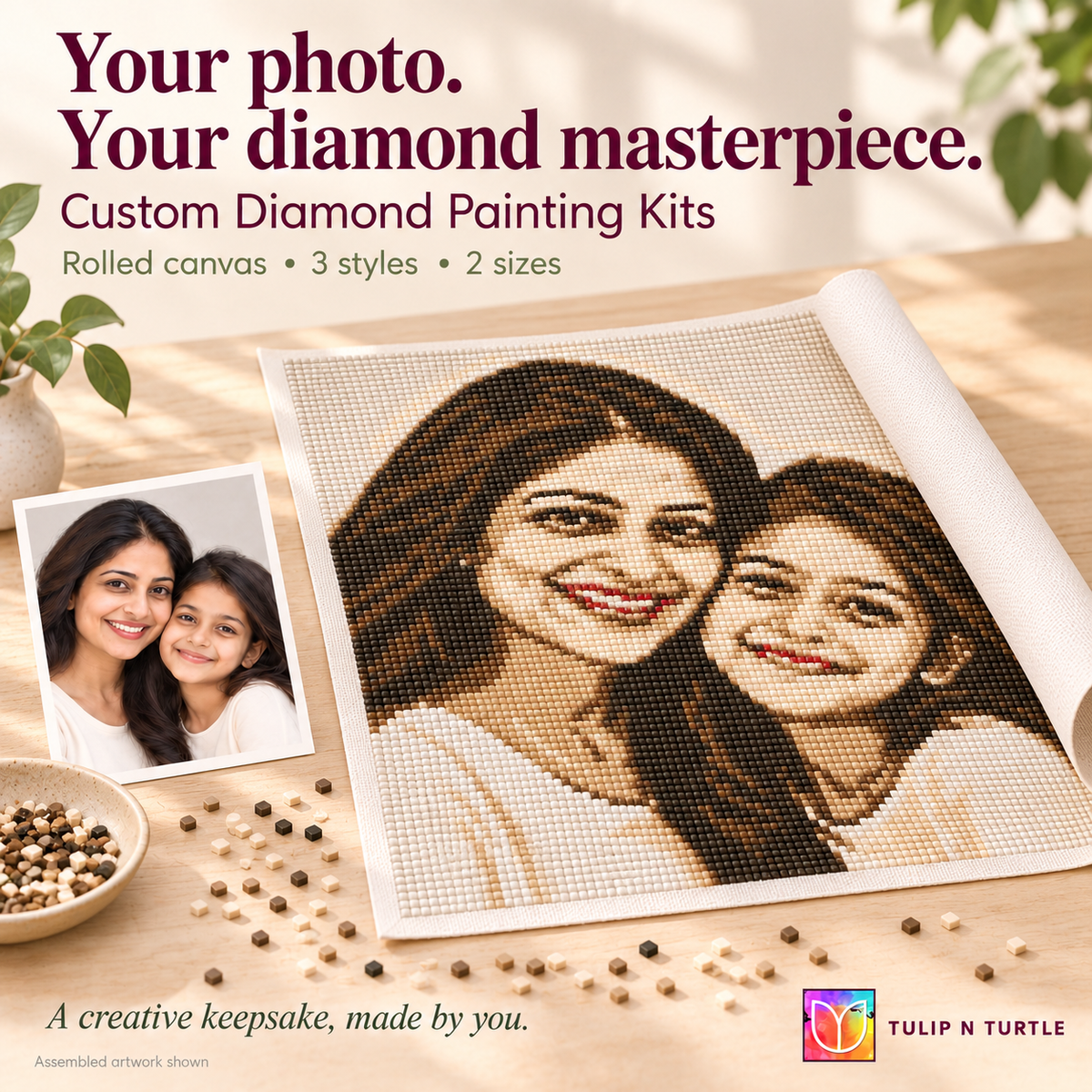 TULIP N TURTLE DIY Diamond Art from Any Photo I Custom Diamond Painting Kit for Adults I Rolled Canvas I Square Drill I Personalised Gem Art I DIY Craft Kit for Adults I Available in three style- Pop Art I Vintage I Black and White