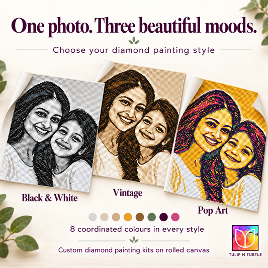 TULIP N TURTLE DIY Diamond Art from Any Photo I Custom Diamond Painting Kit for Adults I Rolled Canvas I Square Drill I Personalised Gem Art I DIY Craft Kit for Adults I Available in three style- Pop Art I Vintage I Black and White