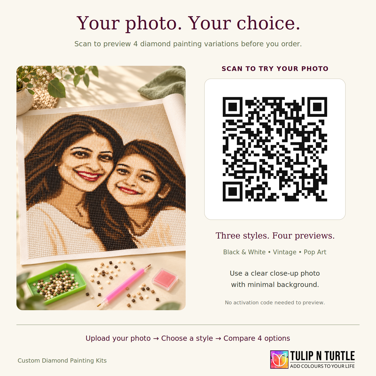 TULIP N TURTLE DIY Diamond Art from Any Photo I Custom Diamond Painting Kit for Adults I Rolled Canvas I Square Drill I Personalised Gem Art I DIY Craft Kit for Adults I Available in three style- Pop Art I Vintage I Black and White