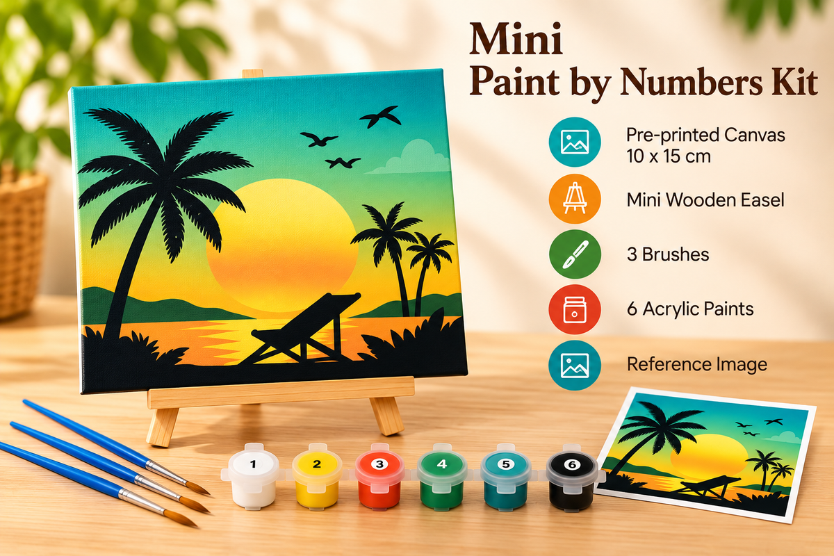Scenary Mini Paint by Number Kit 10* 15 cm mounted on an MDF frame with a mini Easel suitable for kids. Beginner Number painting kit DIY Canvas Painting by Number Acrylic Painting.