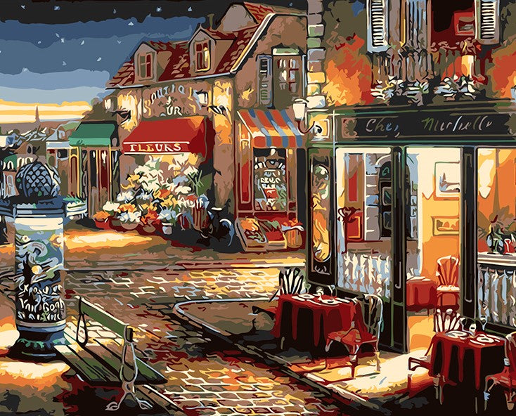 Café on Street DIY Acrylic Painting by Numbers Kit on Canvas